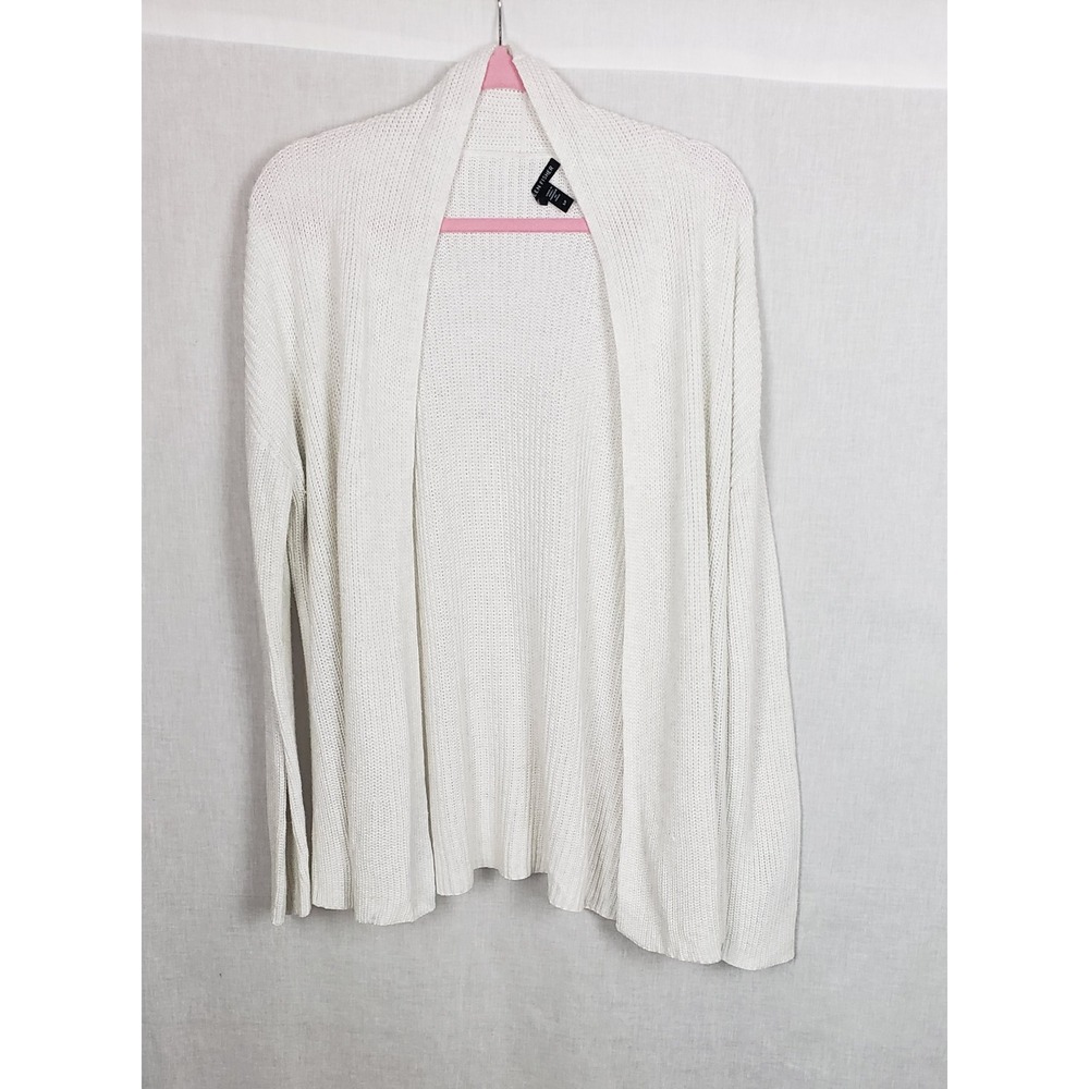 Eileen Fisher White Organic Cotton Tencel Ribbed Open Front Cardigan Sweater SP